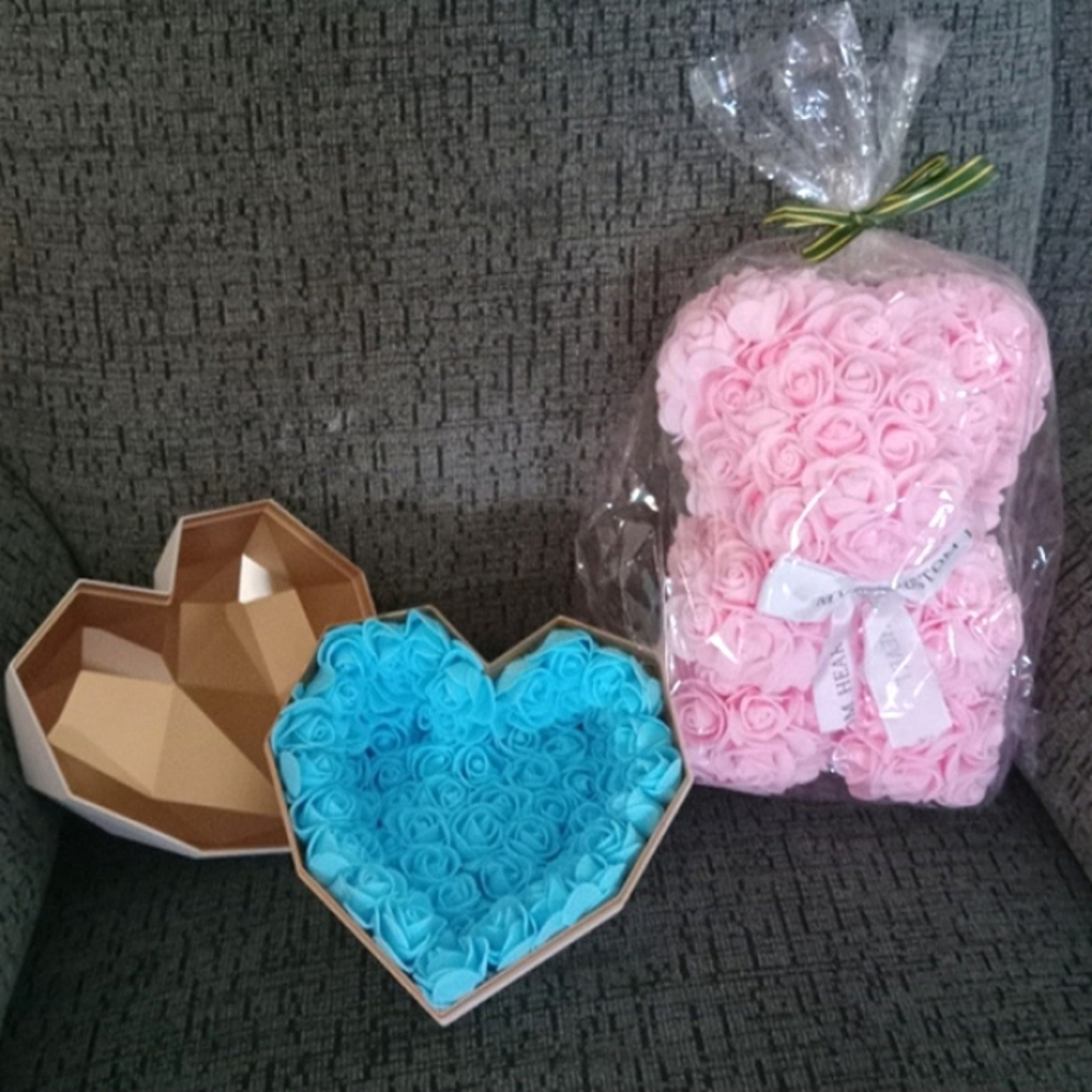 My Custom Heart pink rose teddy bear and heart shaped box Valentine's Day gifts
